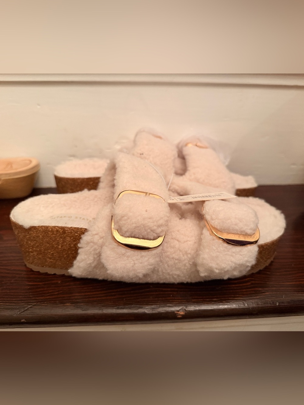 Altar’d State Plush Shearling Slide Sandals with Gold Buckles - Women